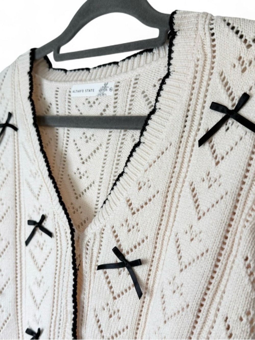 Altar’d State Bow Cardigan Womens XL Ivory Black Cropped Coquette Pointelle Knit - Picture 3 of 8